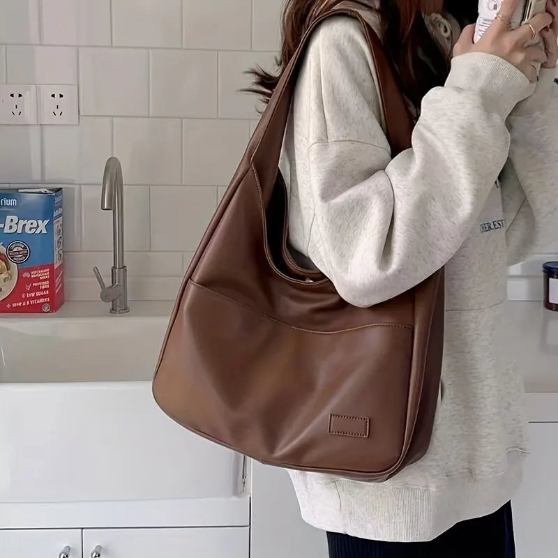 Ddbos BACK TO SCHOOL Women Hobo Bag Simple PU Leather Solid Shoulder Bag Fashion Large Capacity Handbag For School Work