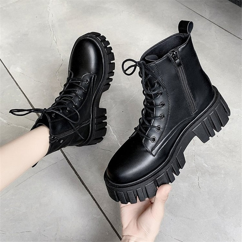 Ddbos New Women White Ankle Boots PU Leather Thick Sole Lace Up Combat Booties Female Autumn Winter Platform Shoes Woman