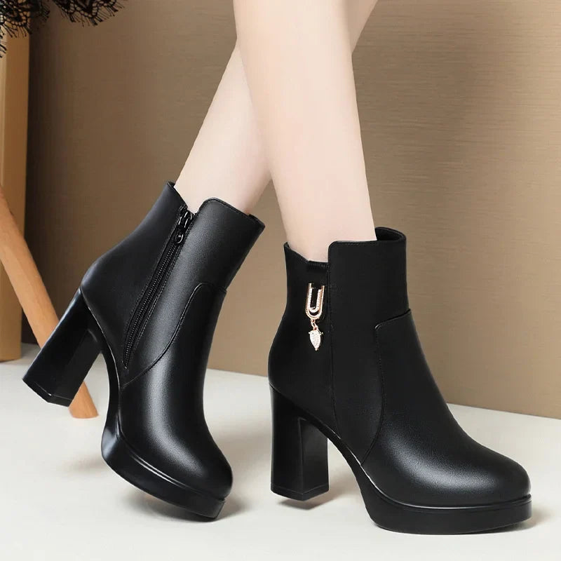 Ddbos Autumn Winter Women  Platform Shoes Warm Fleece Waterproof Short Leather Boots Luxury Black Super High Heel Ankle Boots