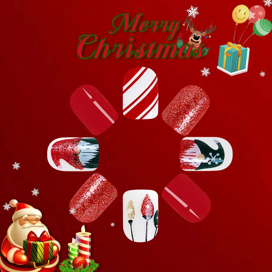 Ddbos 24Pcs Red Santa with Colorful Light Design Christmas Nail Art Tips Short Square Press on Nail Reusable Full Cover Nail for Women