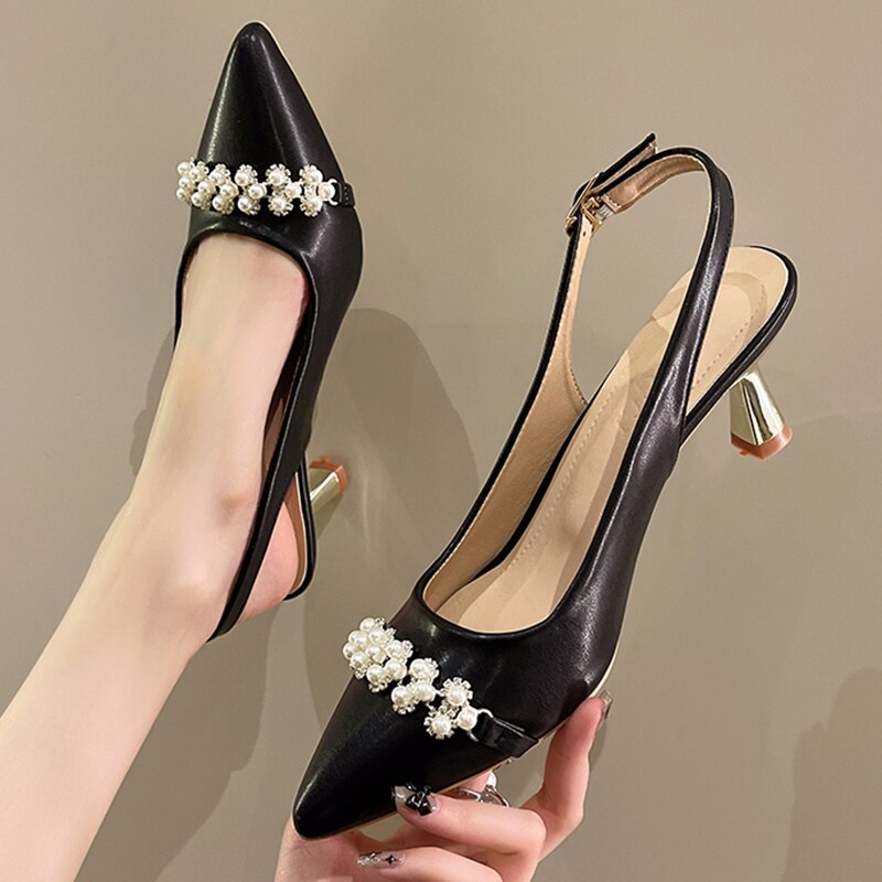 String Bead Slingback Pumps Women Crystal High Heels Party Shoes Woman Summer New Gold Heel Pointed Toe Sandals Mujer