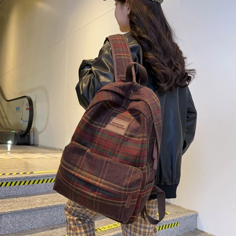 Ddbos BACK TO SCHOOL Vintage Plaid Woollen Cloth Women's Backpack Student Book Backpacks for Teenage Girls School Bags Large CapacityTravel Rucksack