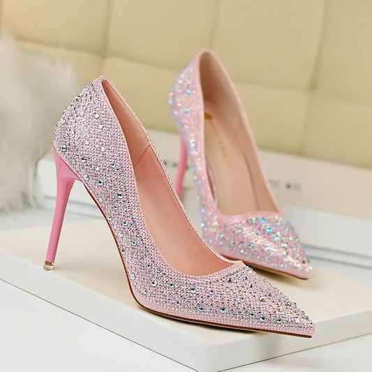 Women 10cm High Heels Stripper Bling Crystal Escarpins Pumps Lady Stiletto Wedding Bridal Fetish Rhinestone Gold Pink Prom Shoes Ddbos