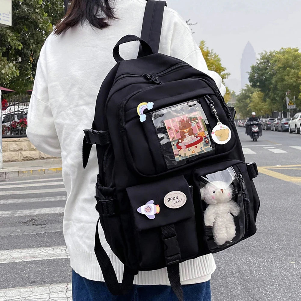 Ddbos Fashion Japanese Nylon Bookbags with Plush Pendant Summer New Student Kawaii Backpack Large Capacity Woman College Rucksack