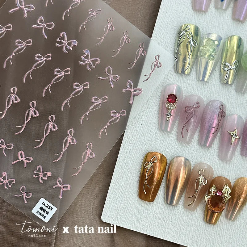 5D Relief Stamp Gold Silver Laser Pink Lovely Playful Bowknot Ribbon Adhesive Nail Art Stickers Decals Manicure Ornaments