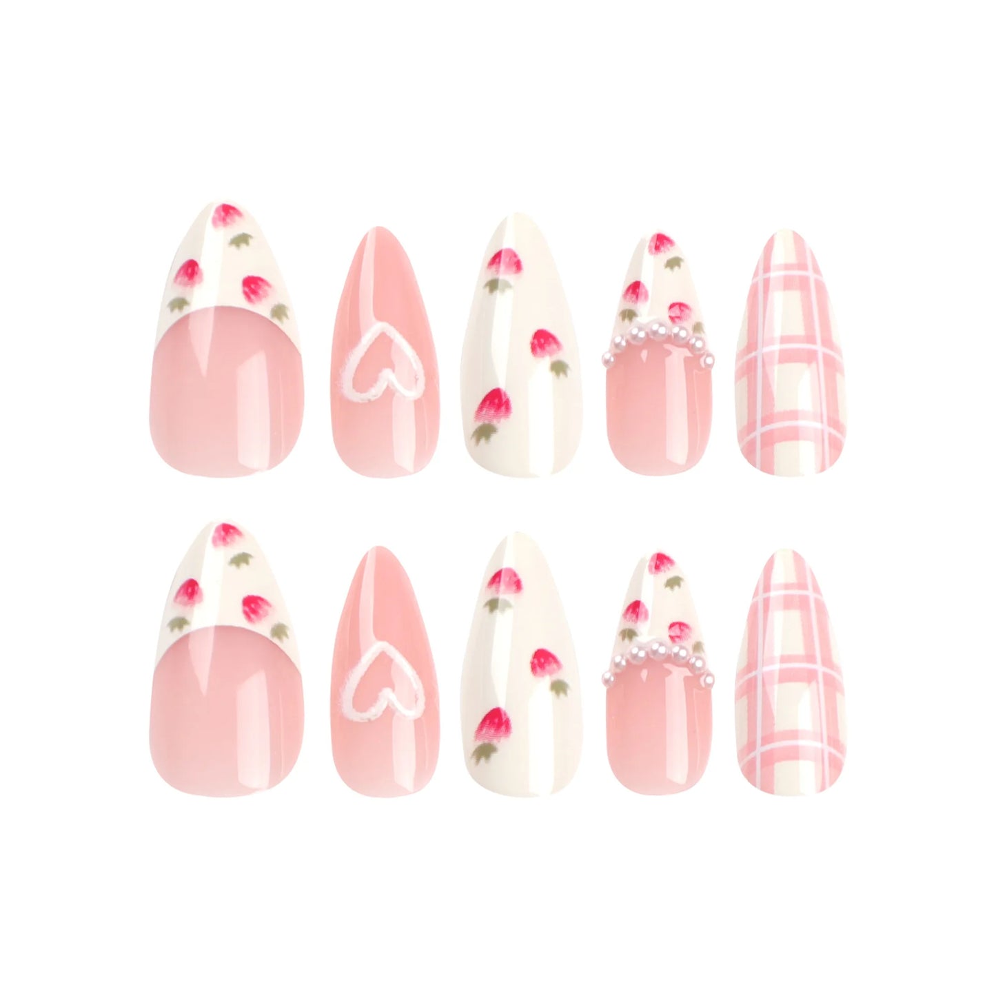 Sweet Strawberry Press on Nails French Pearl Design Almond False Nails Girl Gifts Detchable Full Cover Korean Fake Nail Patches