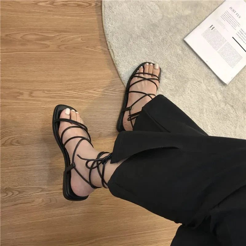 Ddbos Sandals Women Summer New 2024 Beach Fashion Sexy Flat Casual Cross-Tie Open Toe Fairy Style Narrow Band Shoes Black Rome Sandals