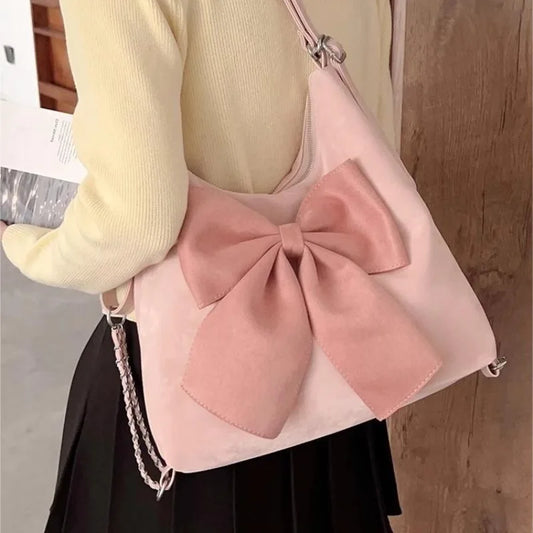 Pink Bow Womens Shoulder Bag Korean Style Fashion Large Capacity Sweet Backpack Cute Exquisite Elegant New Female Tote Bag