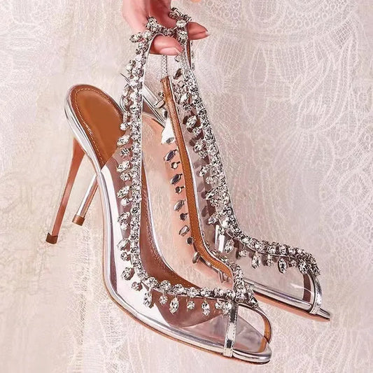 Silver Pink PVC Clear Heeled Sandals Women Pumps Sexy Rhinestones Thin High Heels Shoes Pointed Toes Party Nightclub Sandals