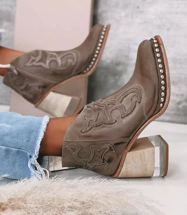 Ddbos Leather Women Ankle Boots Women's Shoes Low Heel Cool British Embroidered Design Soft Short Boots Party Women Footwear