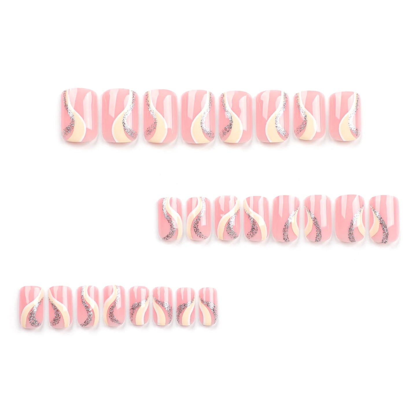 Yellow Silver Glitter Powder Stripe Sweet Pink Long Square Fake Nails Detachable Finished False Nails Press on Nails with Glue