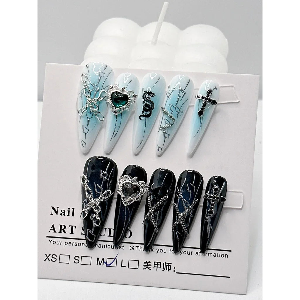 Y2K Handmade Nail Blue Black Love Chain Nail Elements Cool Droplet Type Wear Nail Art Dazzling Fake Nails Patch Girl Gift