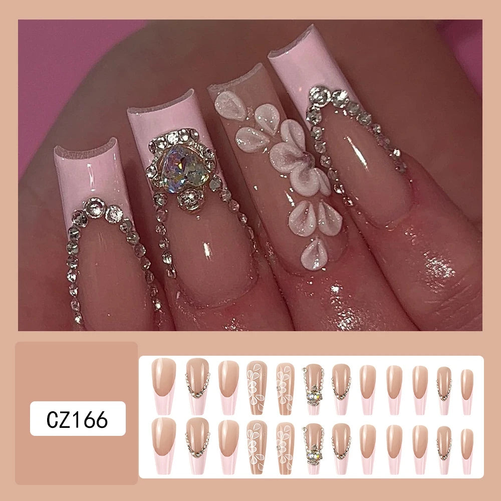 Ddbos 24 Pcs Glossy Long Ballerina Press On Nails Pink French Style Fake Nails With Rhinestone Shiny Artificial Reusable False Nails