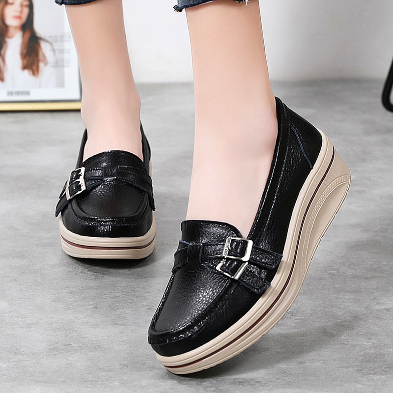 Ddbos New Spring Autumn Women Flats Platform Loafers Ladies Leather Comfort Wedge Moccasins Orthopedic Slip On Casual Shoes 35-42