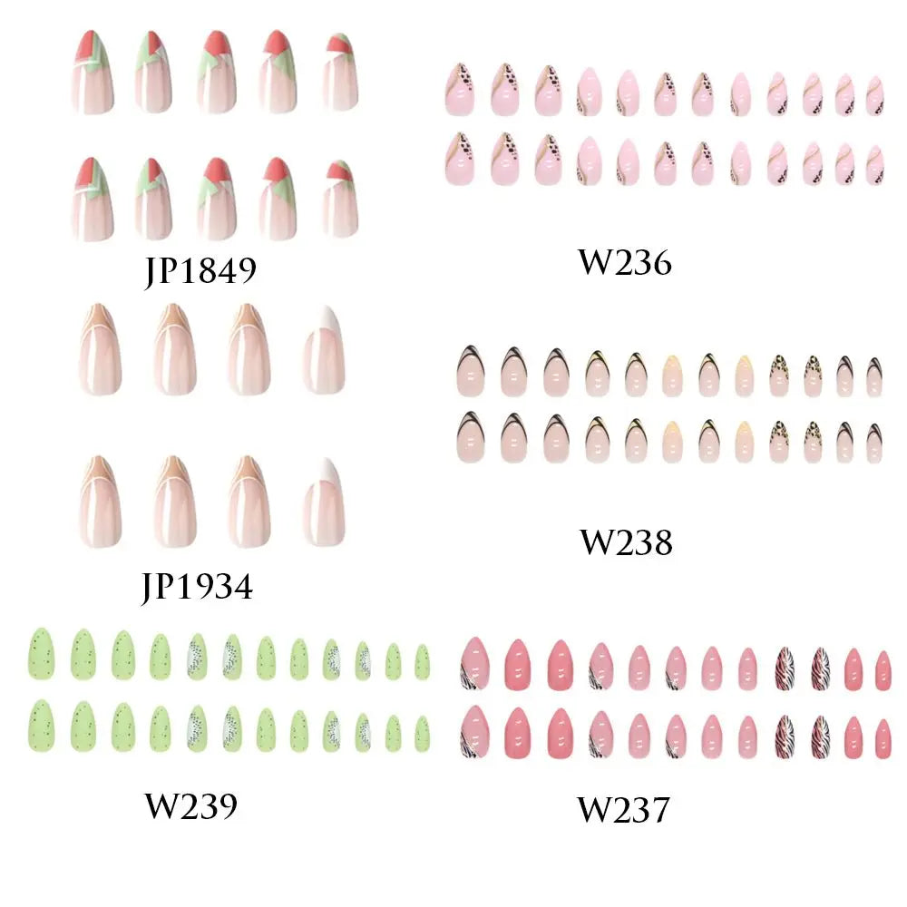 24pcs Long Almond Fake Nails French Lines Kiwi Pink Leopard Print Full Cover Press on Nails