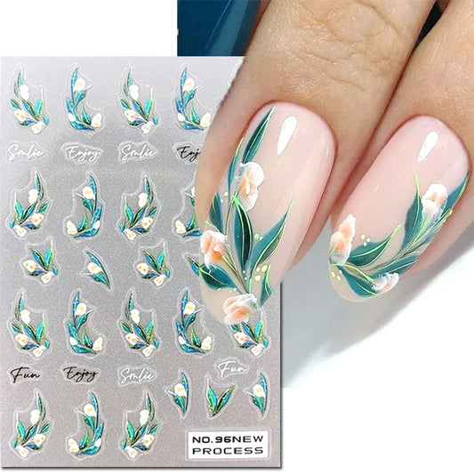 Ddbos 3d Nail Art Decals New Ultrathin Champagne Color Flowers Green Leaves Adhesive Sliders Nail Stickers Decoration For Manicure