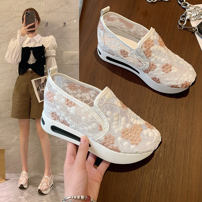 Wedge Shoes Sequin Mesh Breathable Shoes Women White Gold Platform Sneakers Women Height Increasing Wedges Shoes Casual