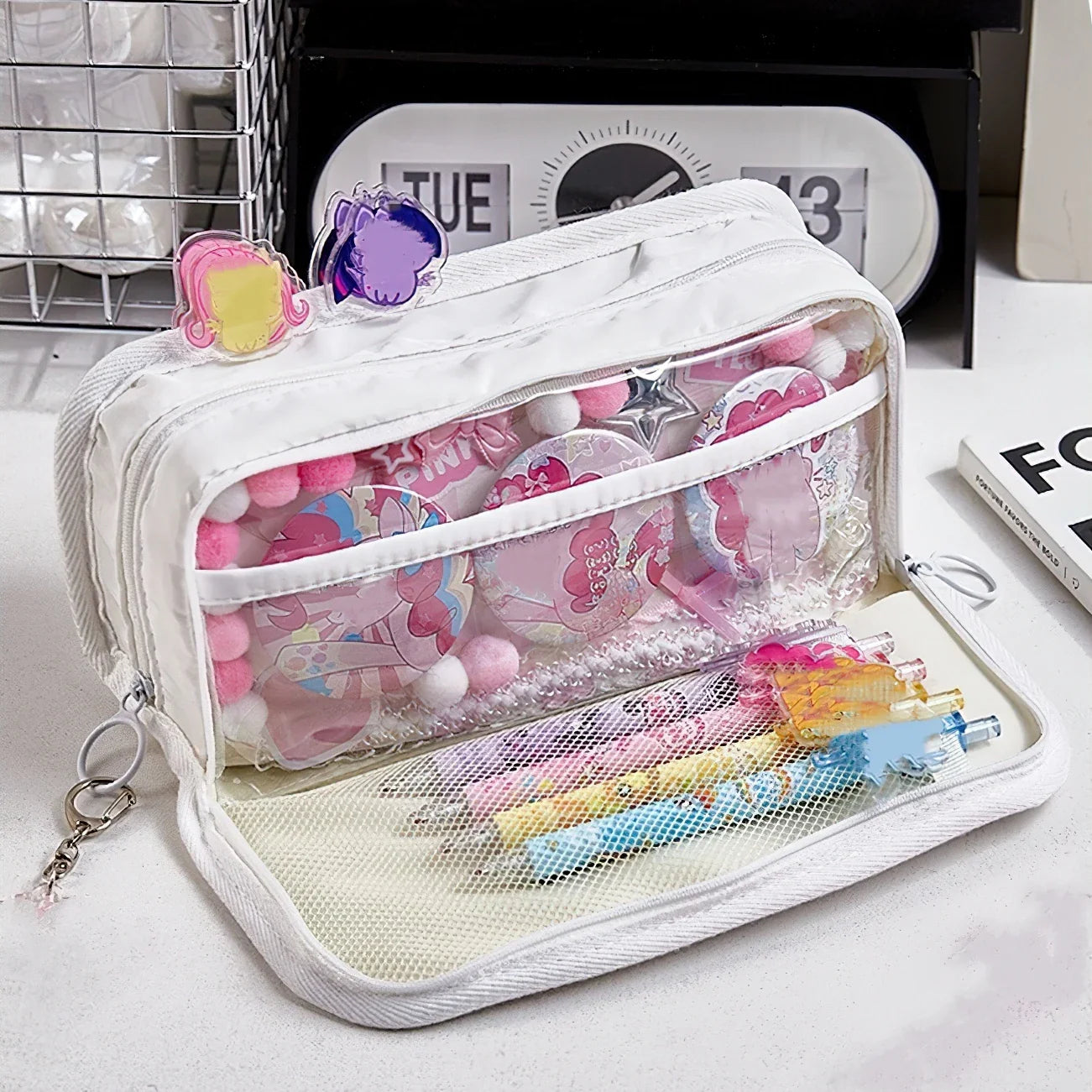 Ddbos BACK TO SCHOOL Black & White Pencil Bag Pen Case Transparent Front Belt Buckle Multi Pocket Storage Pouch Stationery