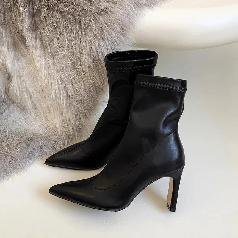 Ddbos High Heel Women Slim Ankle Boots Fashion Elegant Pointed Toe Short Booties Spring Autumn Laides Street Style Shoes