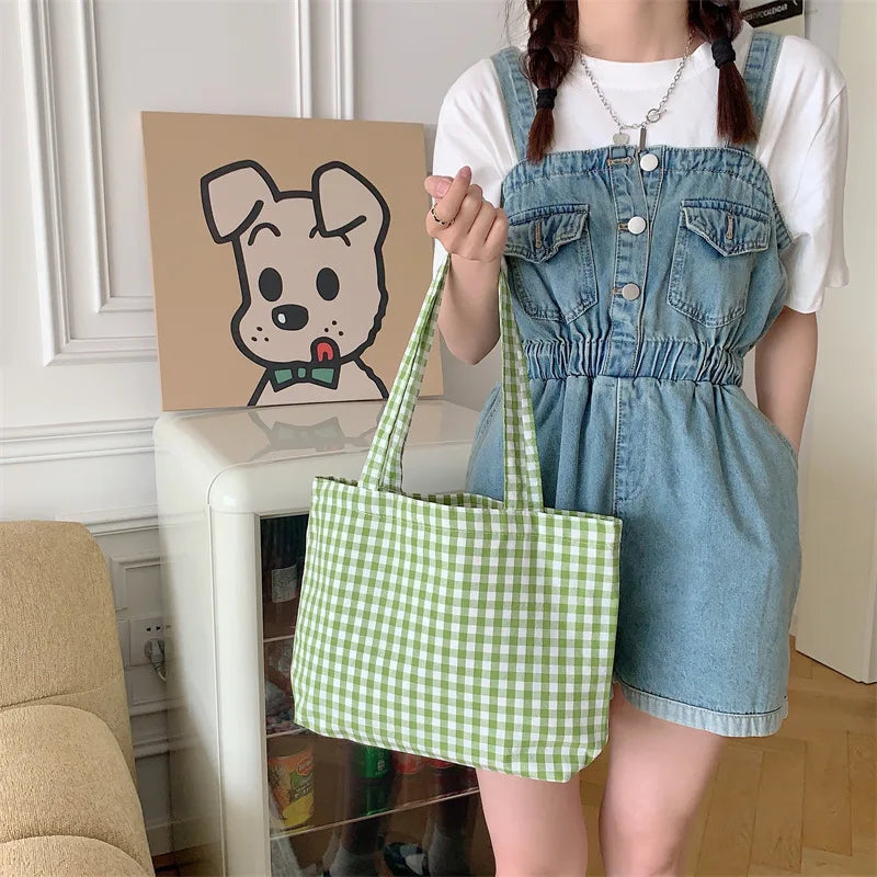 Ddbos BACK TO SCHOOL Ladies New Style Canvas Fabric Plaid Shoulder Bag Fashion Simple Handbag Large Casual Capacity shopping Tote Bags