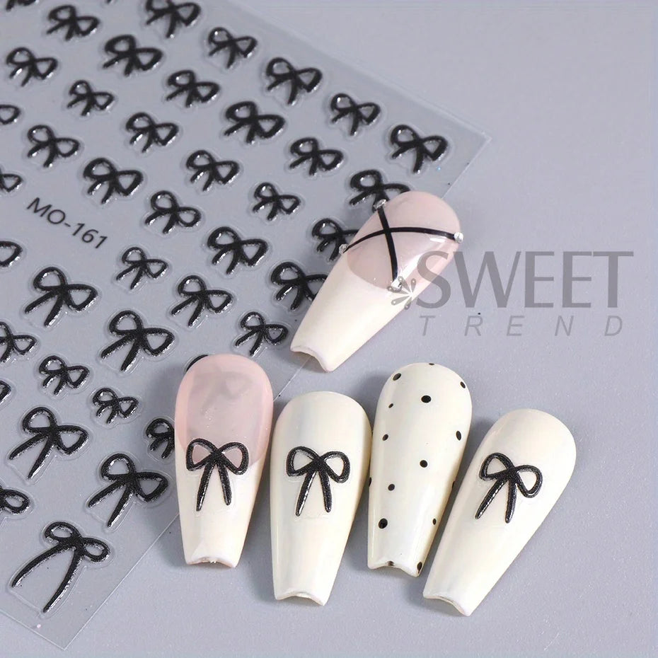 Black White Simple Bowknot Ribbon Relief Nail Stickers Silver Bow Tie Adhesive Decal Elegant Valentine Manicure Embossed Foils