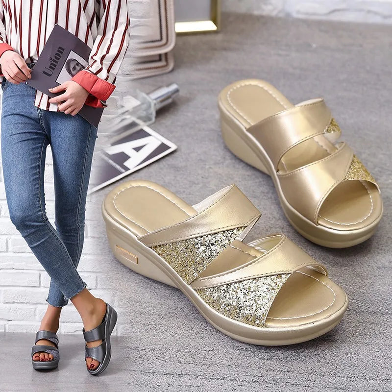 Ddbos new Women Summer Slippers Ladies Glitter PU Wedges Shoes Female Casual Slingbacks Sandals Comfortable Platform Woman