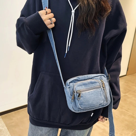 Classic Denim Multi Pocket Casual Small Shoulder Bag With Adjustable Shoulder Straps Zero Wallet Solid Color Fun Crossbody Bag