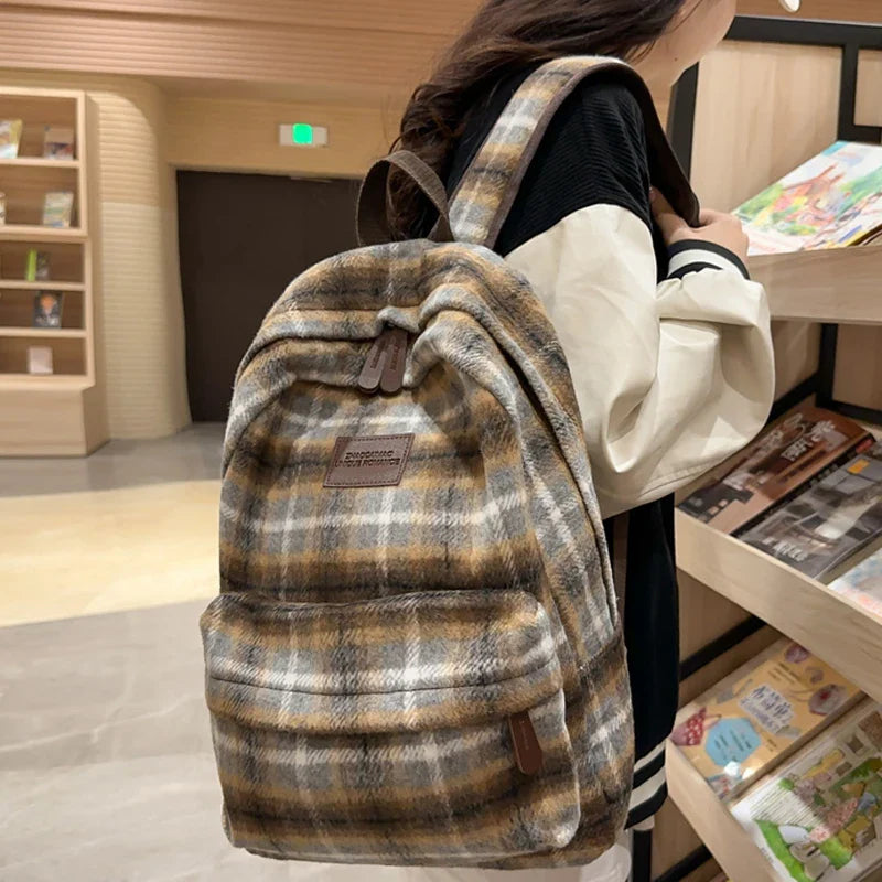 BACK TO SCHOOL Vintage Plaid Woollen Cloth Women's Backpack Student Book Backpacks for Teenage Girls School Bags Large CapacityTravel Rucksack