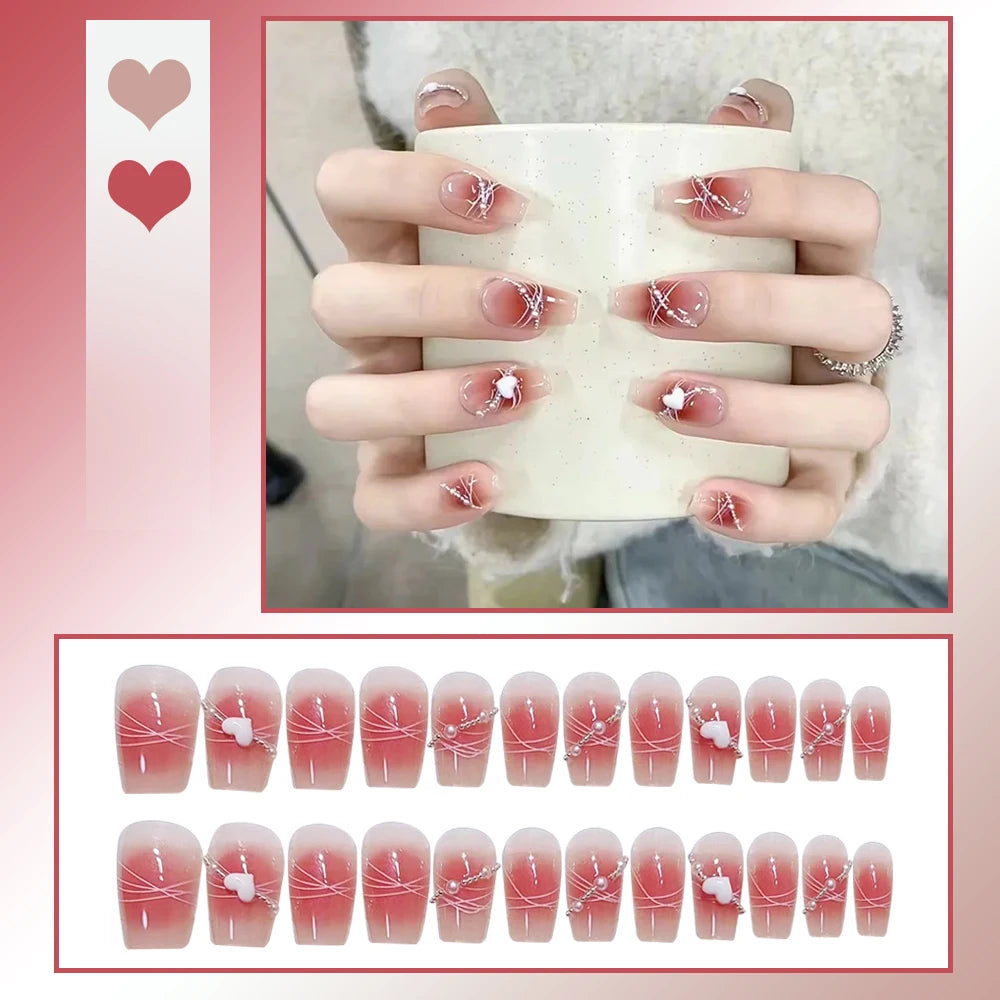 24PCS Sweet Strawberry Press on Nails French Pearl Design Almond False Nails Girl Gifts Detchable Full Cover Fake Nail Patches