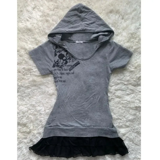 Ddbos Skeleton Pattern Hooded  E-Girls Tees Summer Vintage American Fairycore Streetwear 2000S Tight Short Sleeve T-Shirt