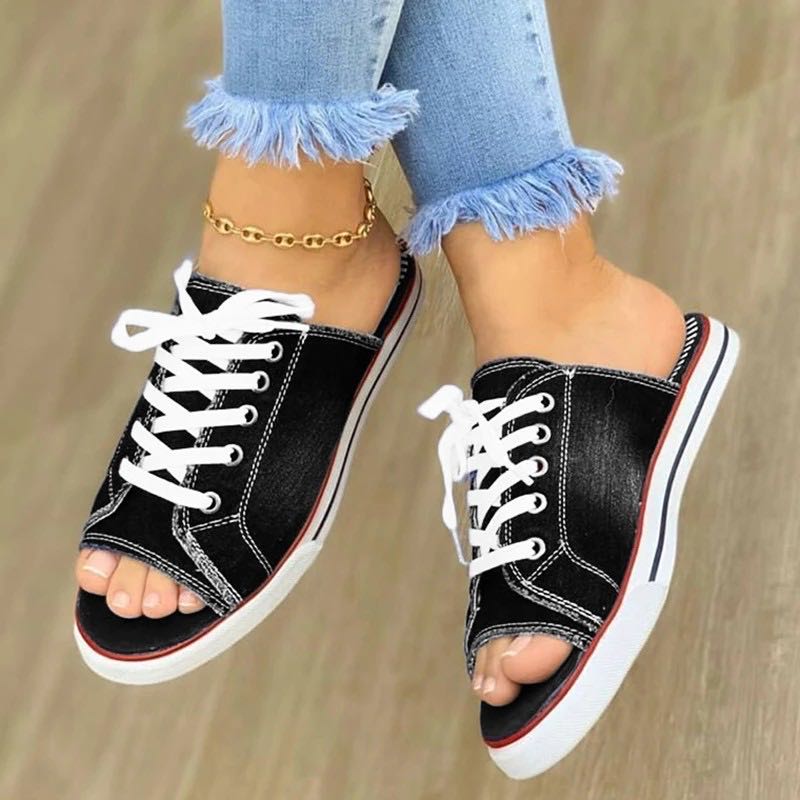 Ddbos Fashion Canvas Slippers Lace Up Open Teen Dames Faux Denim  Luxury Sandals Women Designers  Womens Shoes