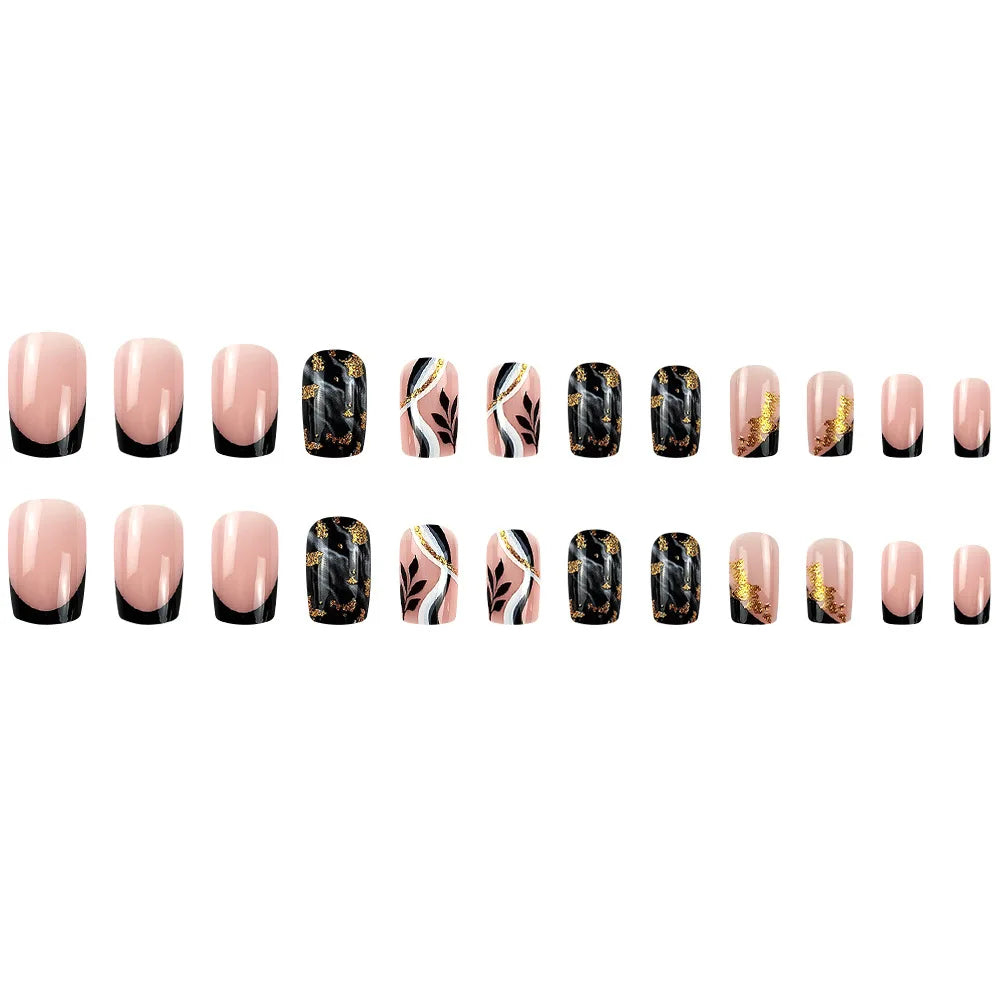 24 Pcs Glossy Medium Square Press On Nails Pink And Black French Style Glitter Fake Nails Artificial Finger Manicure False Nails