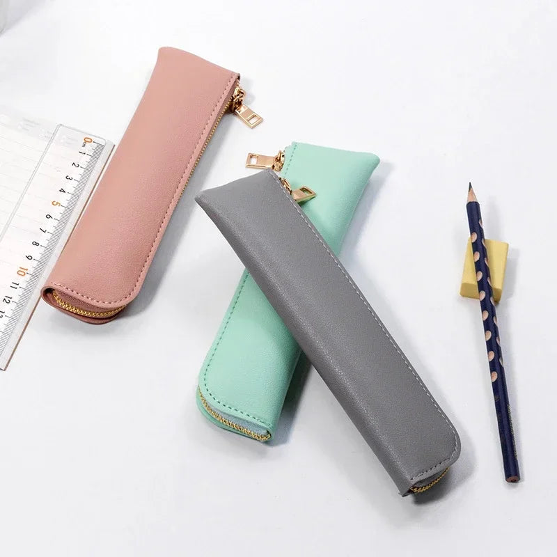 Ddbos BACK TO SCHOOL 1PC PU Leather Small Pen Bag Mini Pen Sleeve Zipper Pencil Pouch Stationery Fountain Pen Holder Case Student School Supplies