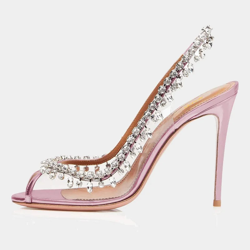 Ddbos Silver Pink PVC Clear Heeled Sandals Women Pumps Sexy Rhinestones Thin High Heels Shoes Pointed Toes Party Nightclub Sandals