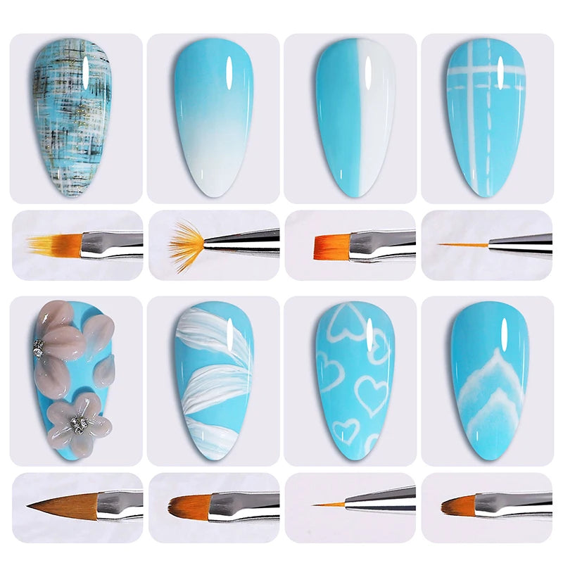 8pcs/set Aurora Acrylic Nail Art Painting Pens for Nail Design Soft Slender Brush Gradient Gel Drawing DIY Brush