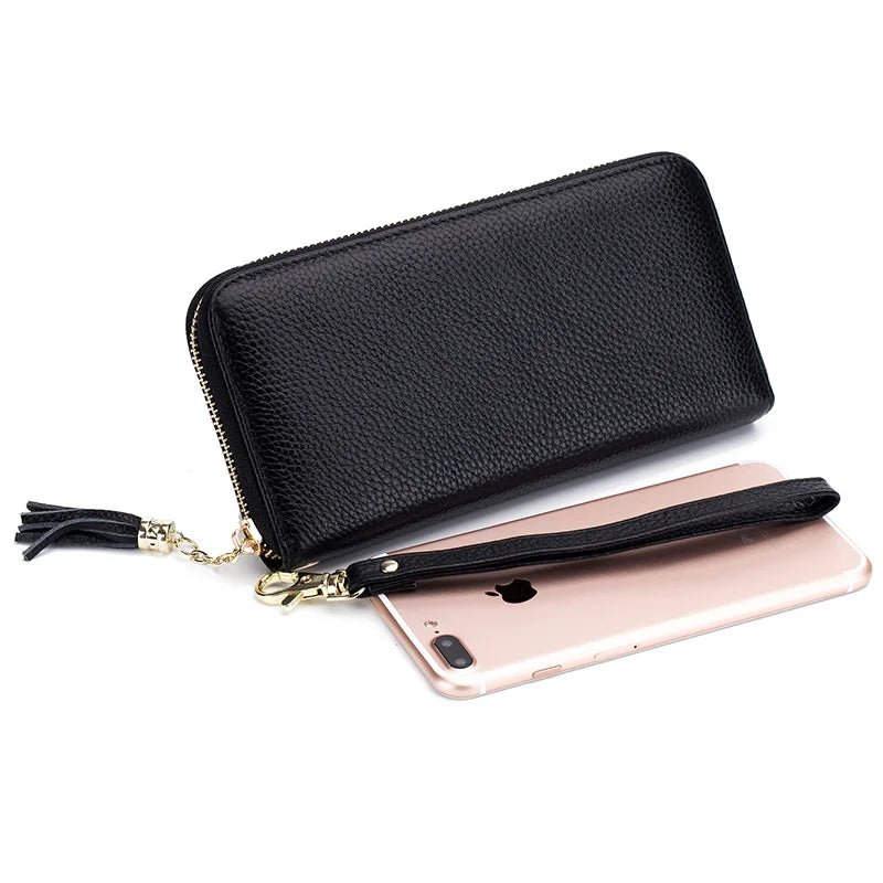 Ddbos Genuine Leather Women Solid Long Wallets Ladies Tassel Design Clutch Female Phone Money Bag Coin Zipper Purse Rfid Card Holder