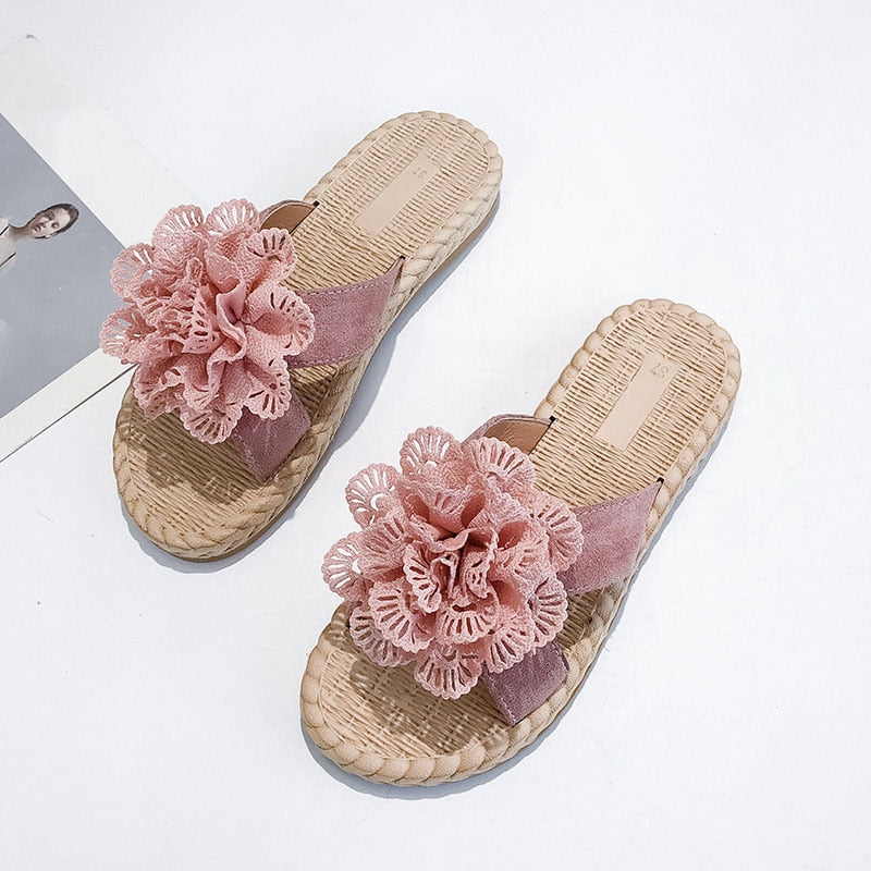 Ddbos Fashion Floral Lace Summer Beach Flip Flops Women Sandals Casual Flax Flat Sandals Comfy Home Slippers Outdoor Slides Shoes