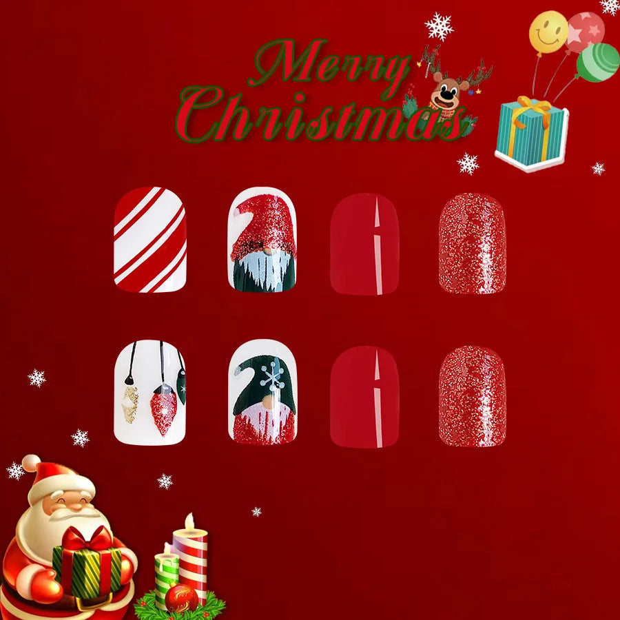 Ddbos 24Pcs Red Santa with Colorful Light Design Christmas Nail Art Tips Short Square Press on Nail Reusable Full Cover Nail for Women