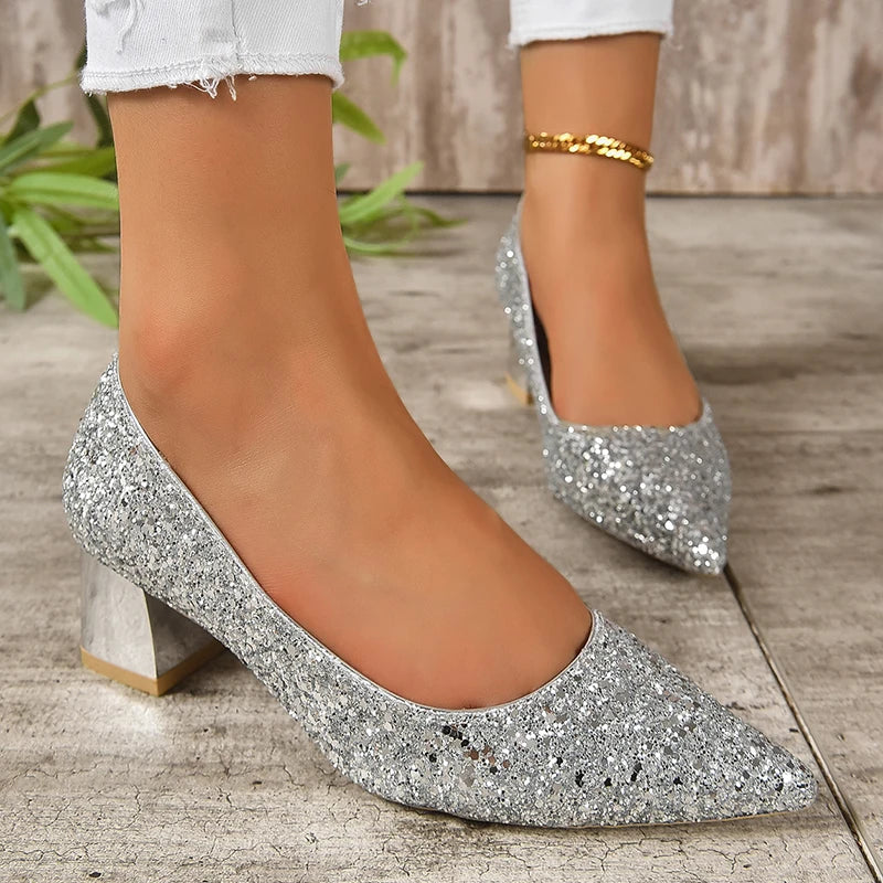 Ddbos Silver Glitter Thick Heels Pumps Women Luxury Pointed Toe Party Wedding Shoes Woman Plus Size 42 Shallow High Heels Pumps Ladies