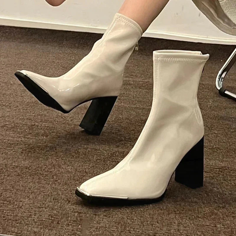 Ddbos Fashion Women Thick High Heel Ankle Boots Solid Patent Leather Office Pumps 2024 Autumn Mujer Square Toe Short Boots