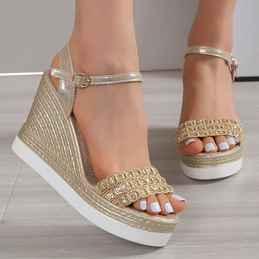 Ddbos Gold Silver Glitters Wedge Sandals Women Buckle Strap Chunky Platform Sandles Woman Summer Non-Slip Thick Sole Sandalias Mujer