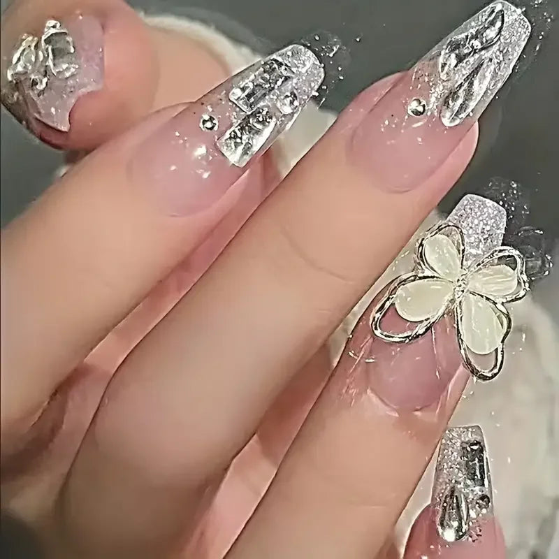 24PCS 3D Rotatable Butterfly Fake Nails Rhinestone Press On Nails Medium Pink Glitter False Nail Glossy Big Butterfly Fake Nails