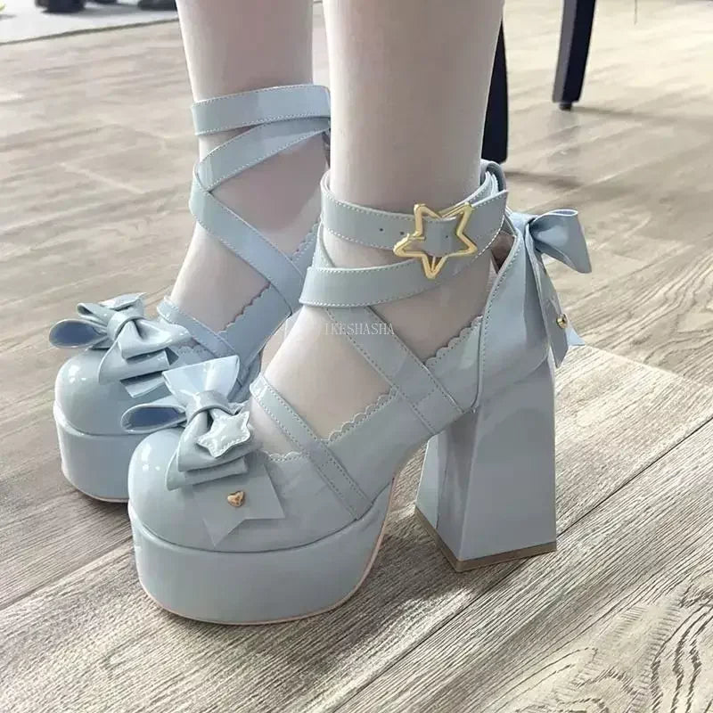 Ddbos 2024 New Sweet Vintage Mary Janes Shoes Women Star Buckle Lolita Kawaii Platform Shoes Female Bow-knot Cute Designer Shoes