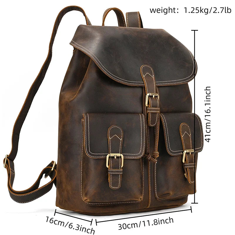 Ddbos BACK TO SCHOOL Genuine Leather Backpack Men Vintage Crazy Horse Leather Bucket Daypack Large Capacity Male Travel Backpack School Bags