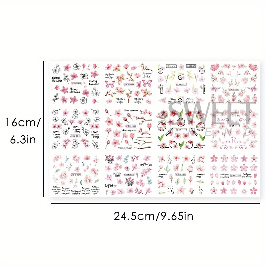 Ddbos 12pcs Pink Cherry Blossom Water Nail Sliders Winter New Year Sakura Floral Leaves Stickers DIY Charm Accessories Manicure Decor