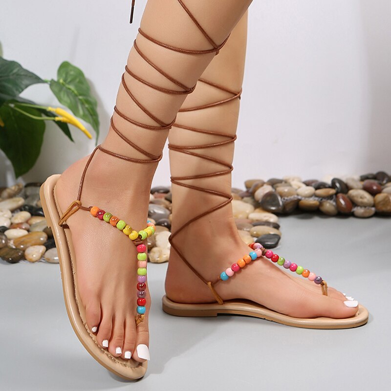 Ddbos Bohemian Style Flat Sandals Women Summer Beading Clip Toe Beach Shoes Woman Plus Size 43 Soft Sole Gladiator Sandalias