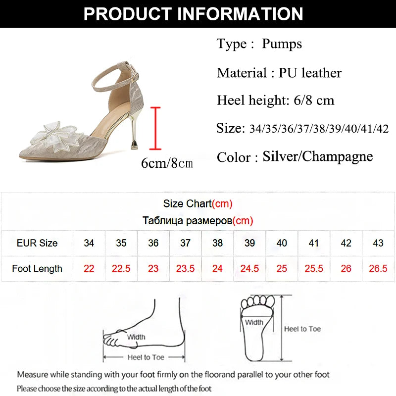 Ddbos Elegant Silver High Heels Pumps Women Autumn Plus Size 42 Ankle Straps Party Shoes Woman Pointed Toe Bowtie Wedding Shoes