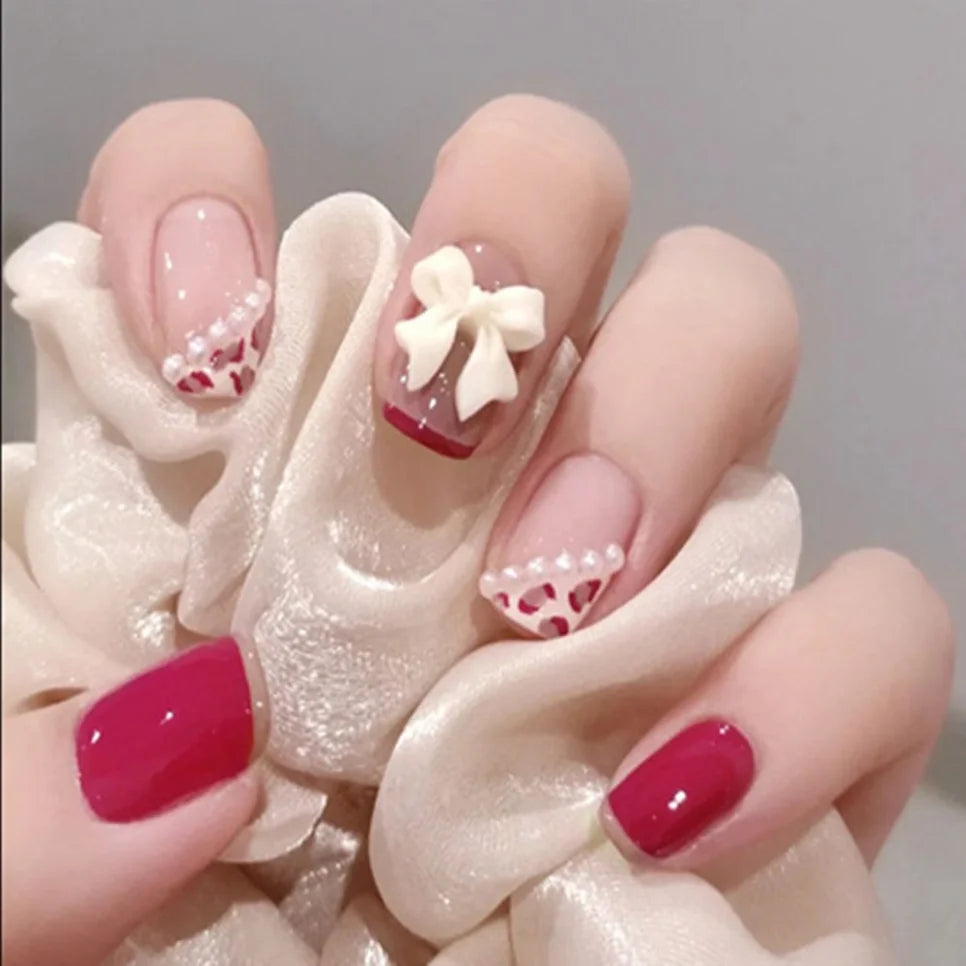 Ddbos 24P Pink Cute Short Square Head False Nails Art White 3D Bowknot Fake Nails with Pearl Rhinestones Full CoverPress on Nail Tips