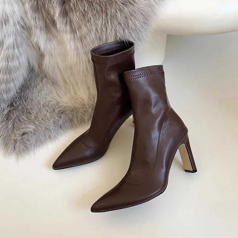 Ddbos High Heel Women Slim Ankle Boots Fashion Elegant Pointed Toe Short Booties Spring Autumn Laides Street Style Shoes