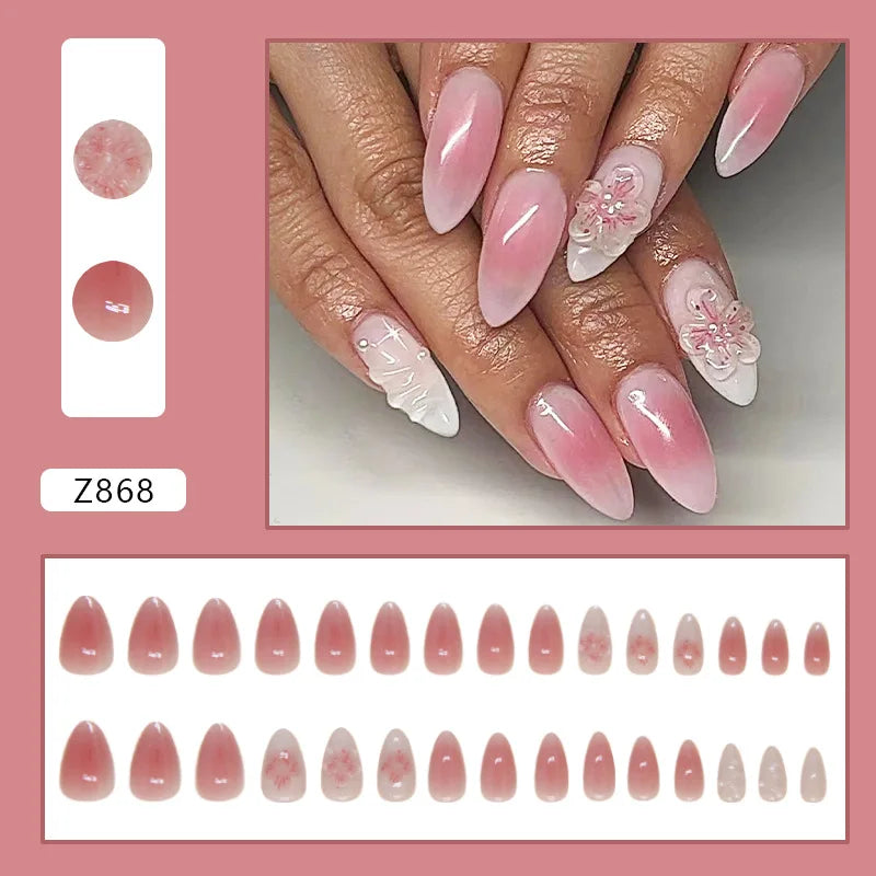 Ddbos 24pcs Pink Bow Design Glossy Press on Nails Wearable Detachable Almond Fake Nail Tips for Girls Lady Korean Sweet False Nails